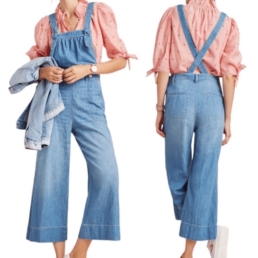 Pilcro Anthropologie Wide-Leg Cropped Tie-Front Blue Denim Overalls Size 26